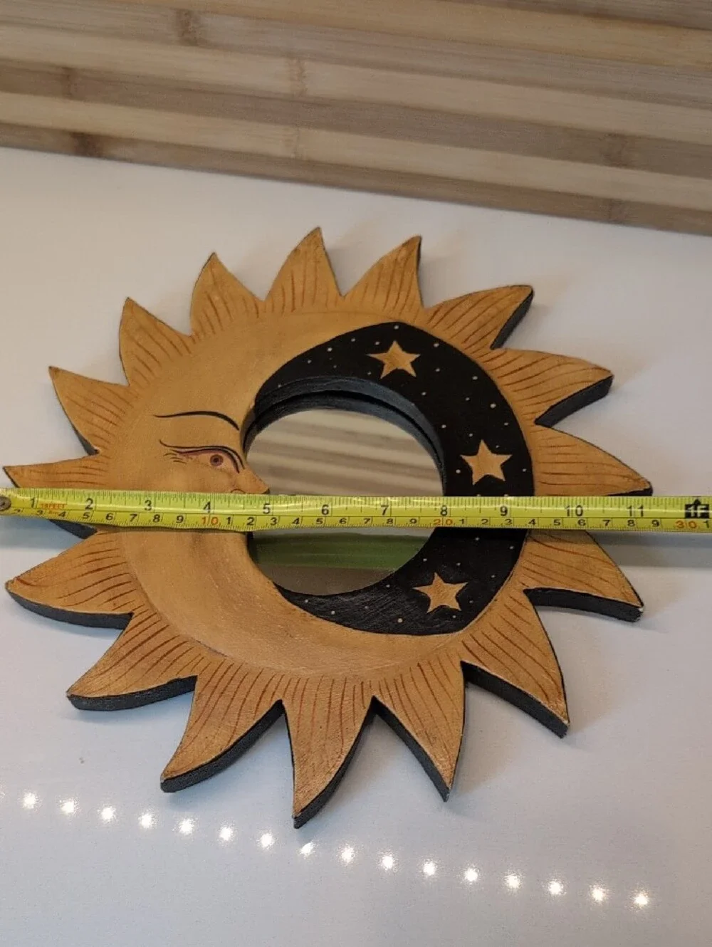Vintage 90s Indonesian Sun & Moon Wood Wall Mirror Celestial Boho
